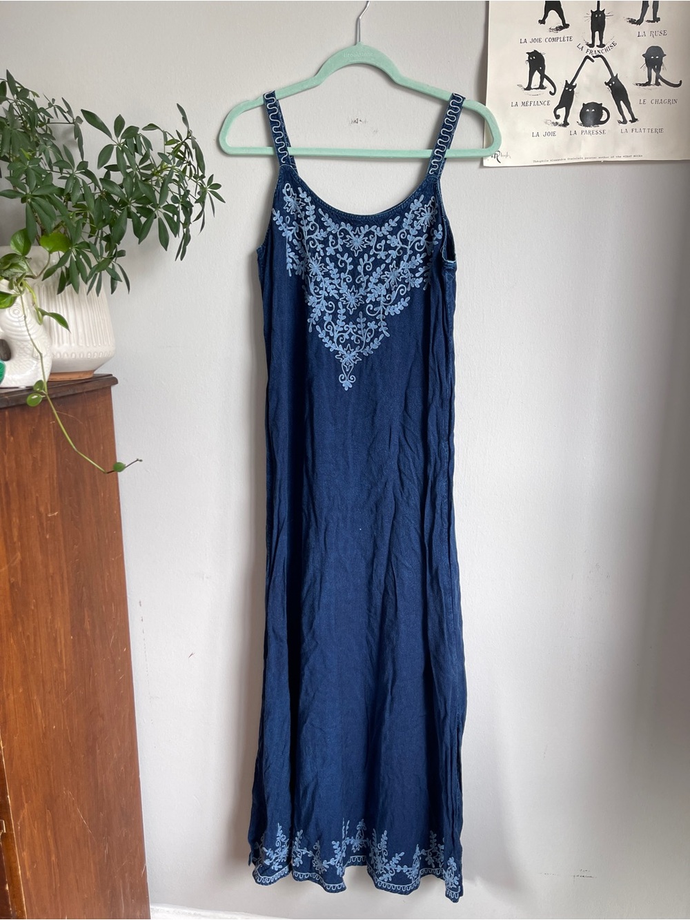 Boho Fairy Navy Blue Embroidered Maxi Spaghetti Strap Slip Dress